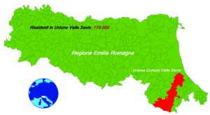 Mappa della regione Emilia-Romagna con evidenziato il territorio dell'Unione Valle Savio